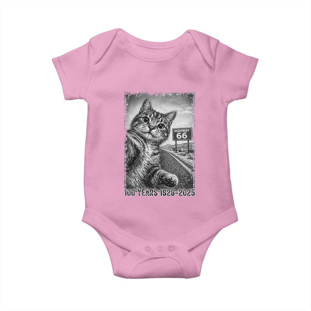 Funny Road Trip Cat Selfie with Highway 66 Baby Onesie Centennial 1926-2026 Historic Highway Humor