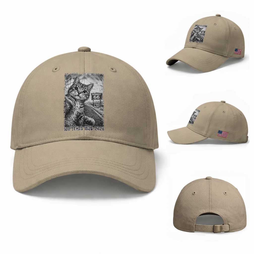 Funny Road Trip Cat Selfie with Highway 66 Baseball Cap Centennial 1926-2026 Historic Highway Humor