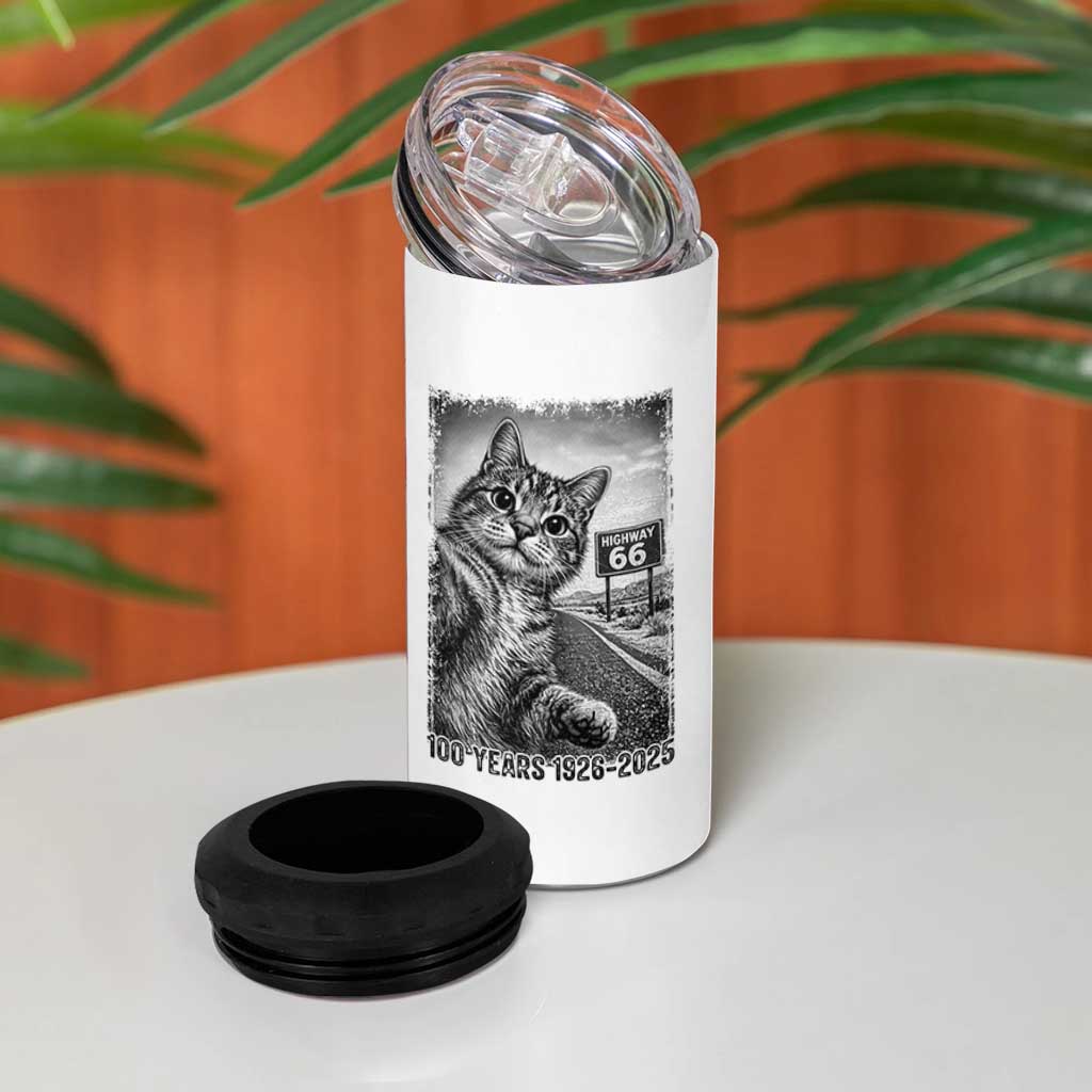 Funny Road Trip Cat Selfie with Highway 66 4 in 1 Can Cooler Tumbler Centennial 1926-2026 Historic Highway Humor