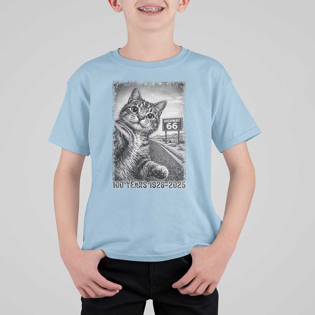 Funny Road Trip Cat Selfie with Highway 66 T Shirt For Kid Centennial 1926-2026 Historic Highway Humor