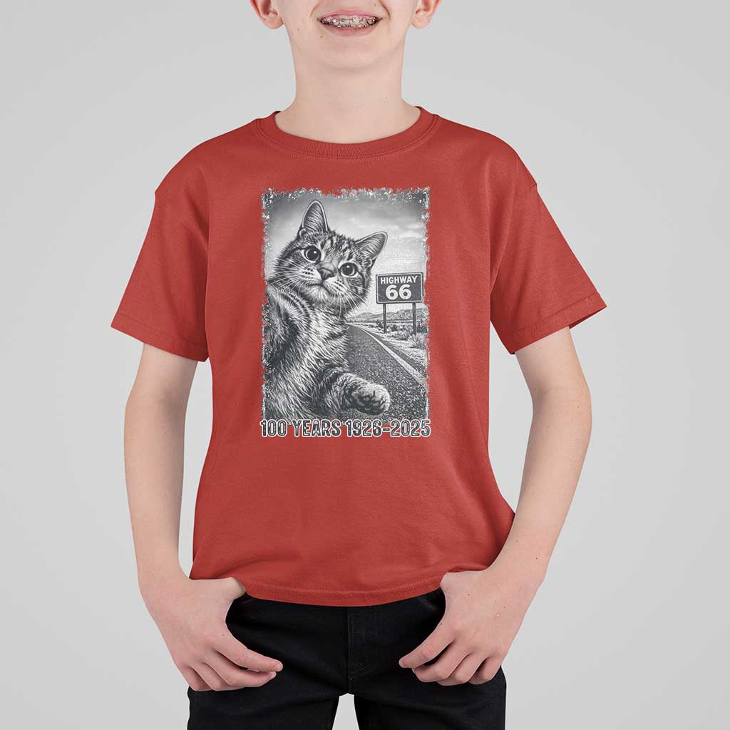 Funny Road Trip Cat Selfie with Highway 66 T Shirt For Kid Centennial 1926-2026 Historic Highway Humor