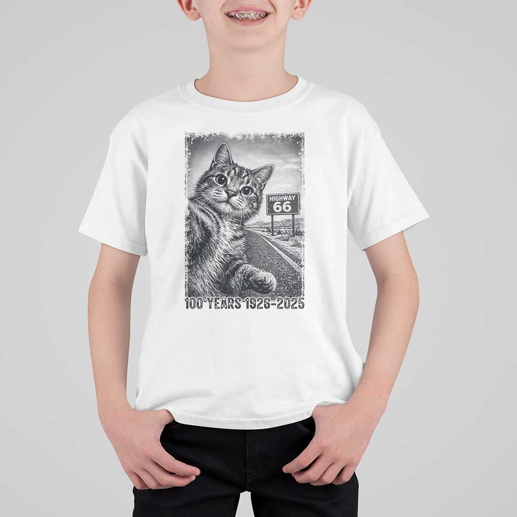 Funny Road Trip Cat Selfie with Highway 66 T Shirt For Kid Centennial 1926-2026 Historic Highway Humor