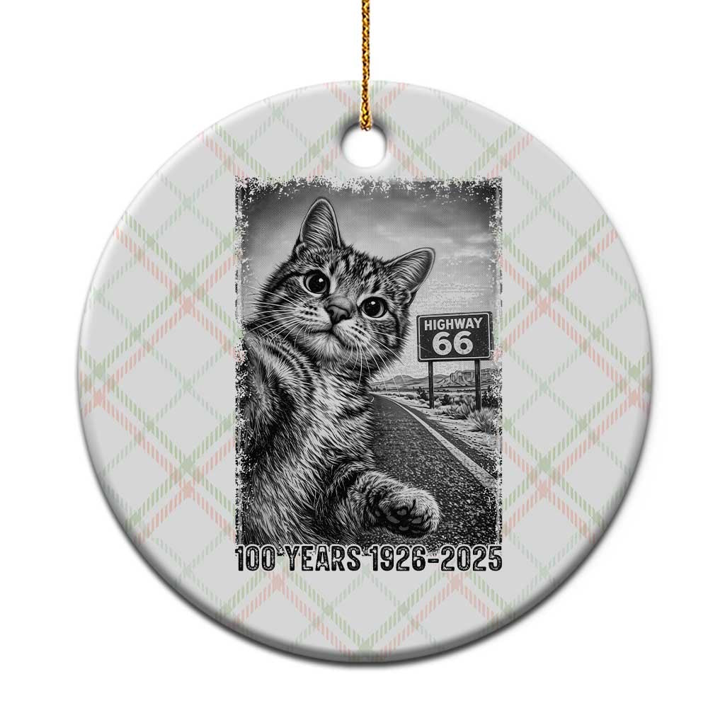 Funny Road Trip Cat Selfie with Highway 66 Ceramic Ornament Centennial 1926-2026 Historic Highway Humor