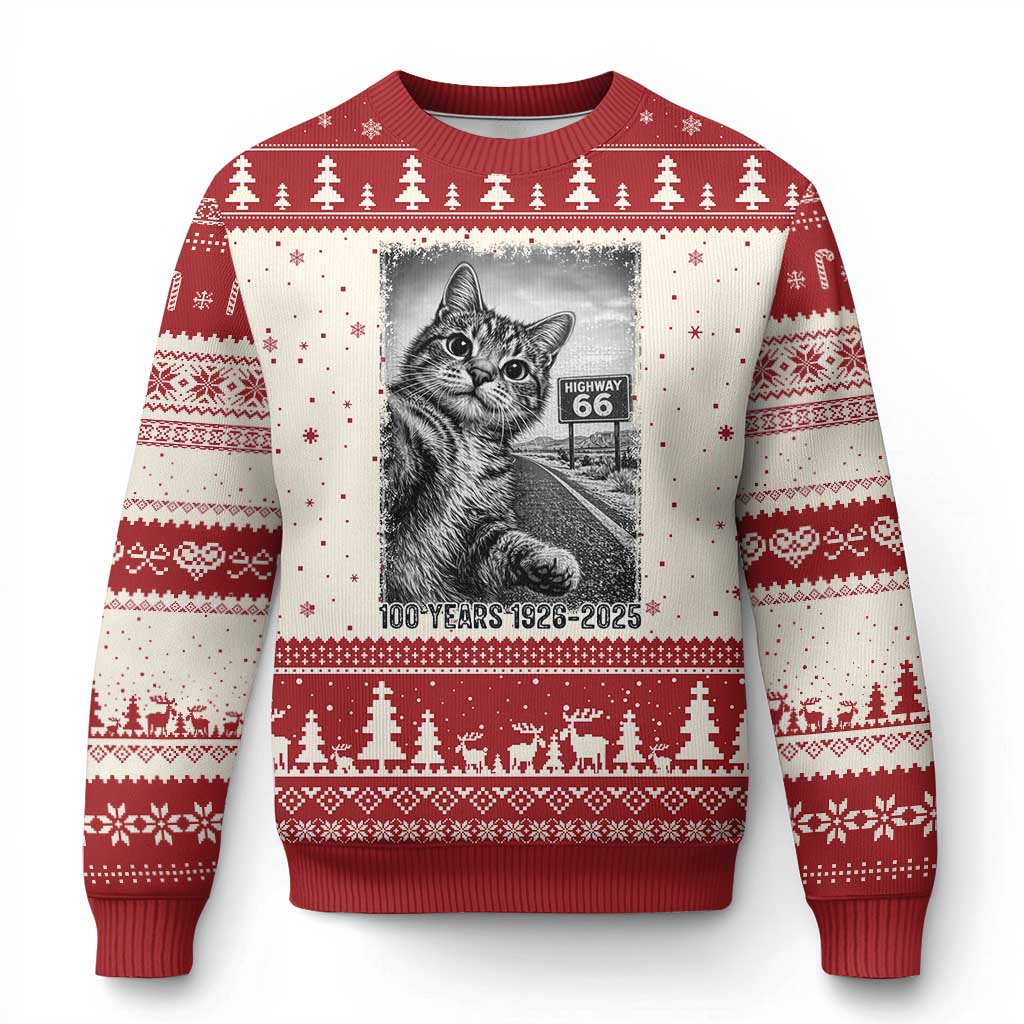 Funny Road Trip Cat Selfie with Highway 66 Ugly Christmas Sweater Centennial 1926-2026 Historic Highway Humor