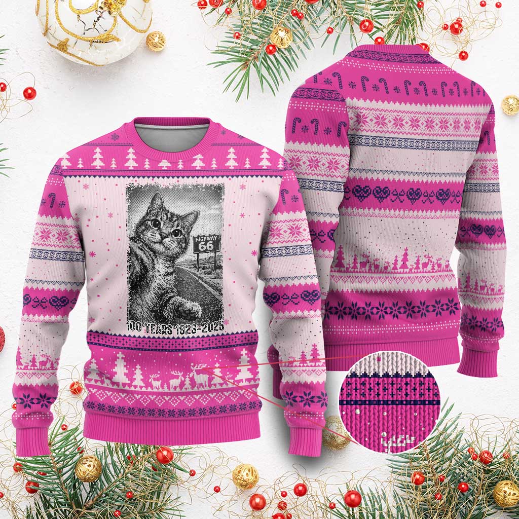 Funny Road Trip Cat Selfie with Highway 66 Ugly Christmas Sweater Centennial 1926-2026 Historic Highway Humor