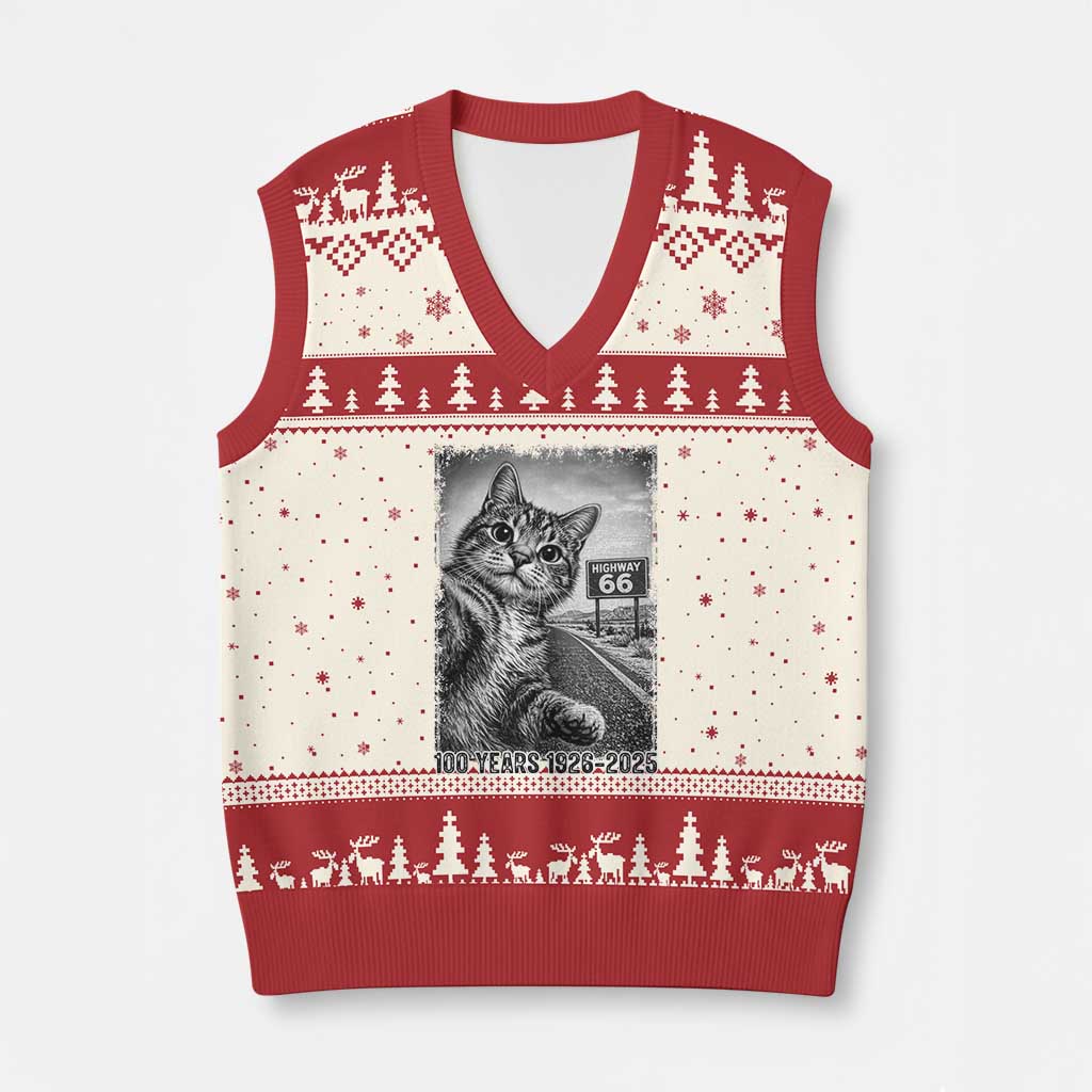 Funny Road Trip Cat Selfie with Highway 66 V-Neck Knit Sweater Vest Centennial 1926-2026 Historic Highway Humor