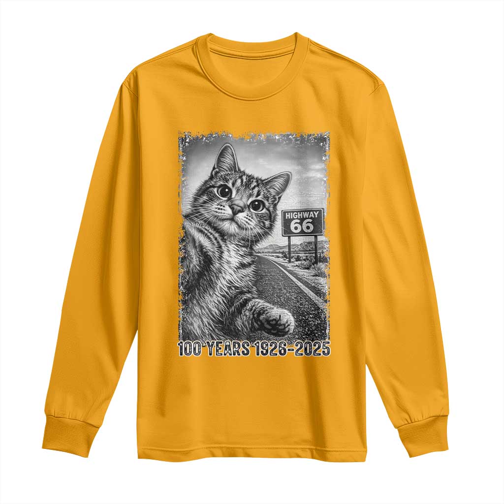 Funny Road Trip Cat Selfie with Highway 66 Long Sleeve Shirt Centennial 1926-2026 Historic Highway Humor