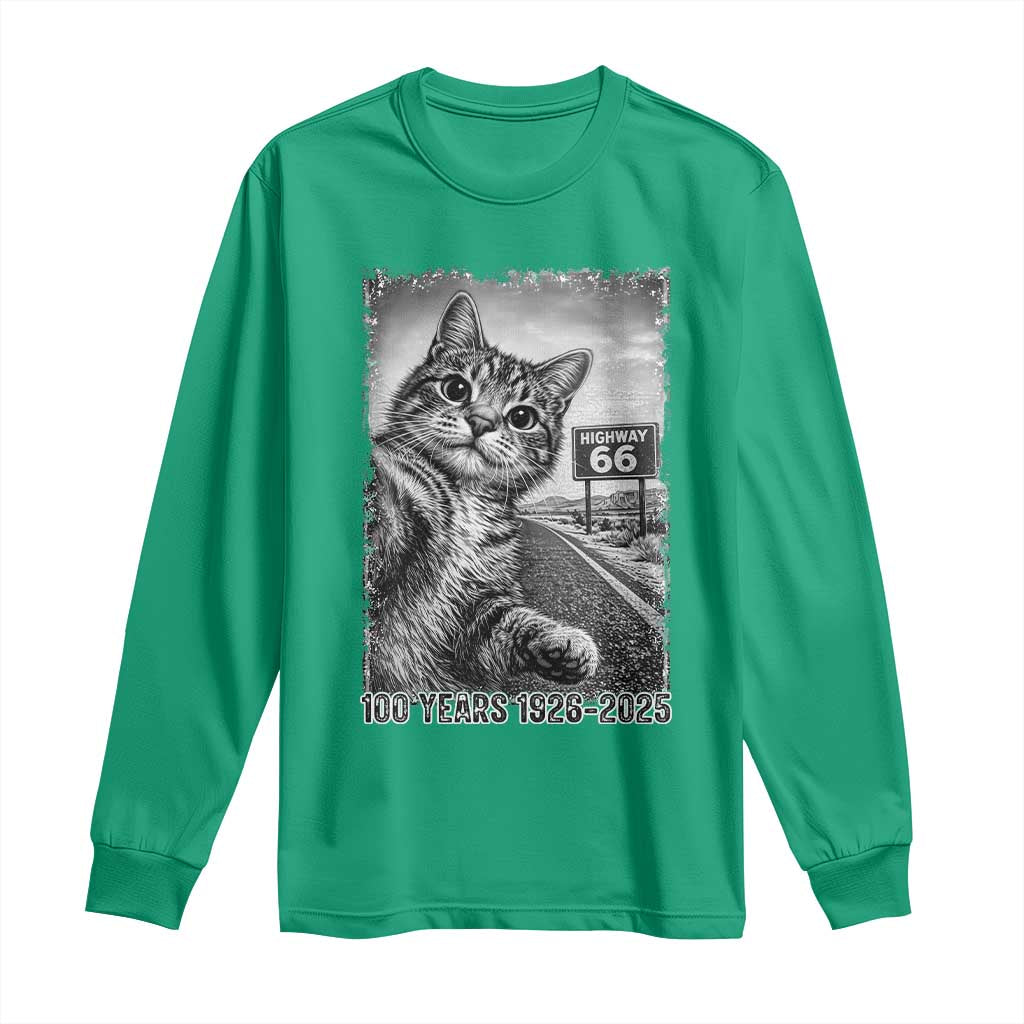 Funny Road Trip Cat Selfie with Highway 66 Long Sleeve Shirt Centennial 1926-2026 Historic Highway Humor