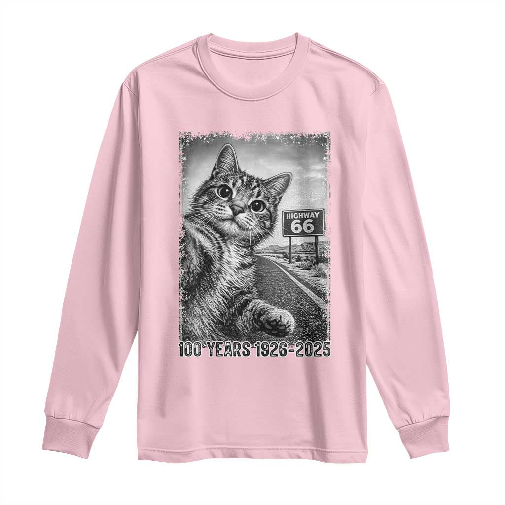 Funny Road Trip Cat Selfie with Highway 66 Long Sleeve Shirt Centennial 1926-2026 Historic Highway Humor