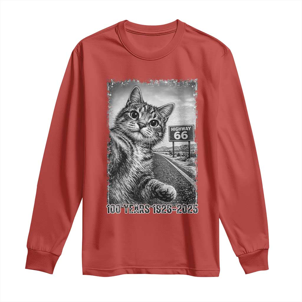 Funny Road Trip Cat Selfie with Highway 66 Long Sleeve Shirt Centennial 1926-2026 Historic Highway Humor