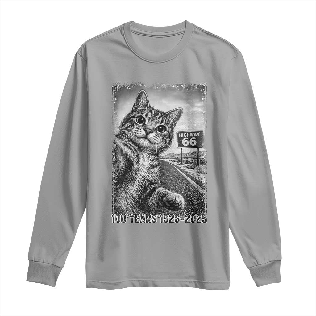 Funny Road Trip Cat Selfie with Highway 66 Long Sleeve Shirt Centennial 1926-2026 Historic Highway Humor