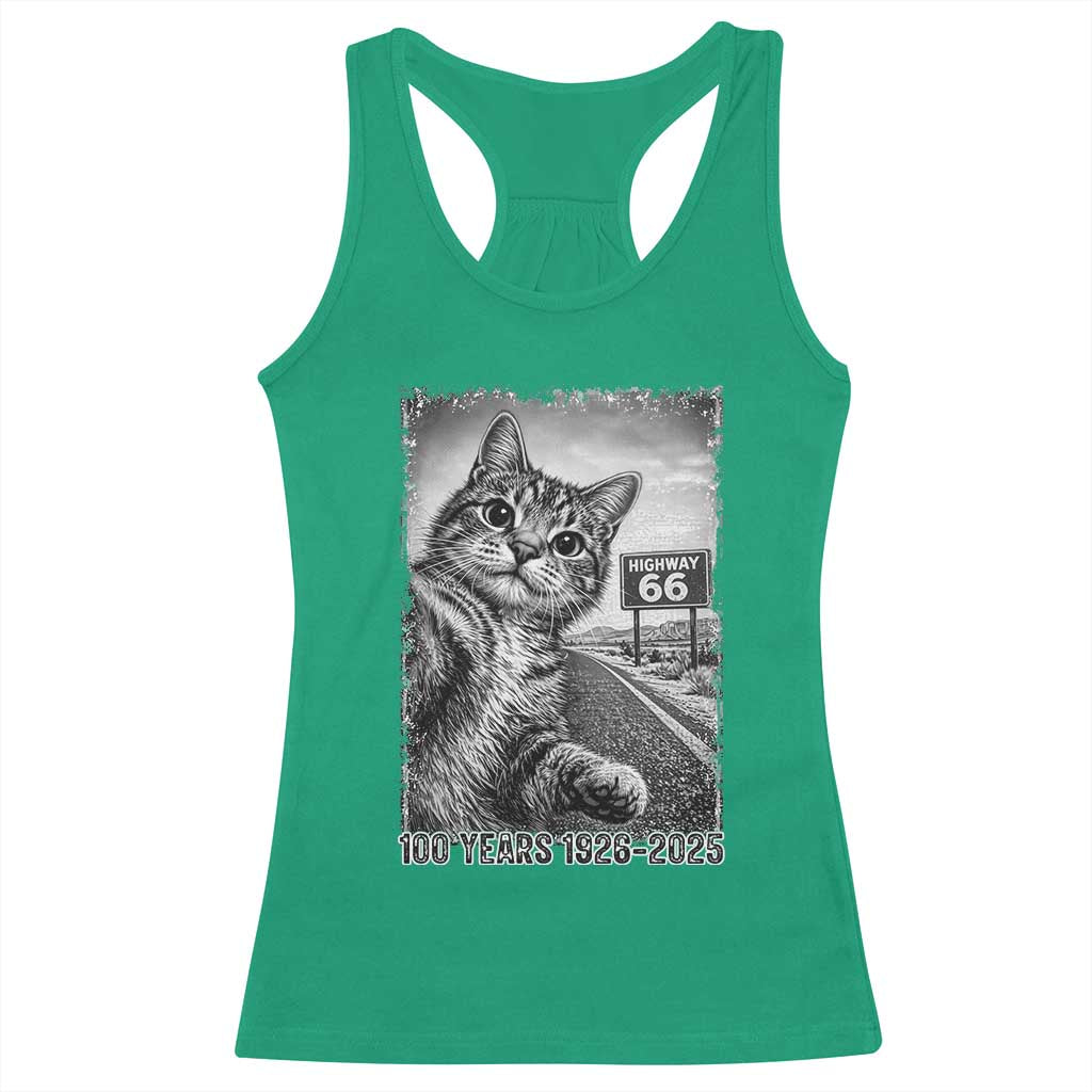 Funny Road Trip Cat Selfie with Highway 66 Racerback Tank Top Centennial 1926-2026 Historic Highway Humor