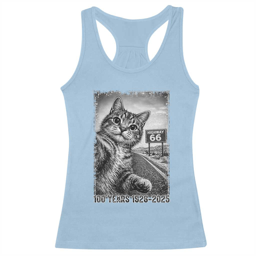 Funny Road Trip Cat Selfie with Highway 66 Racerback Tank Top Centennial 1926-2026 Historic Highway Humor