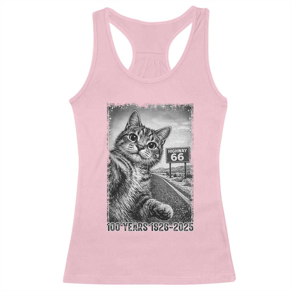 Funny Road Trip Cat Selfie with Highway 66 Racerback Tank Top Centennial 1926-2026 Historic Highway Humor