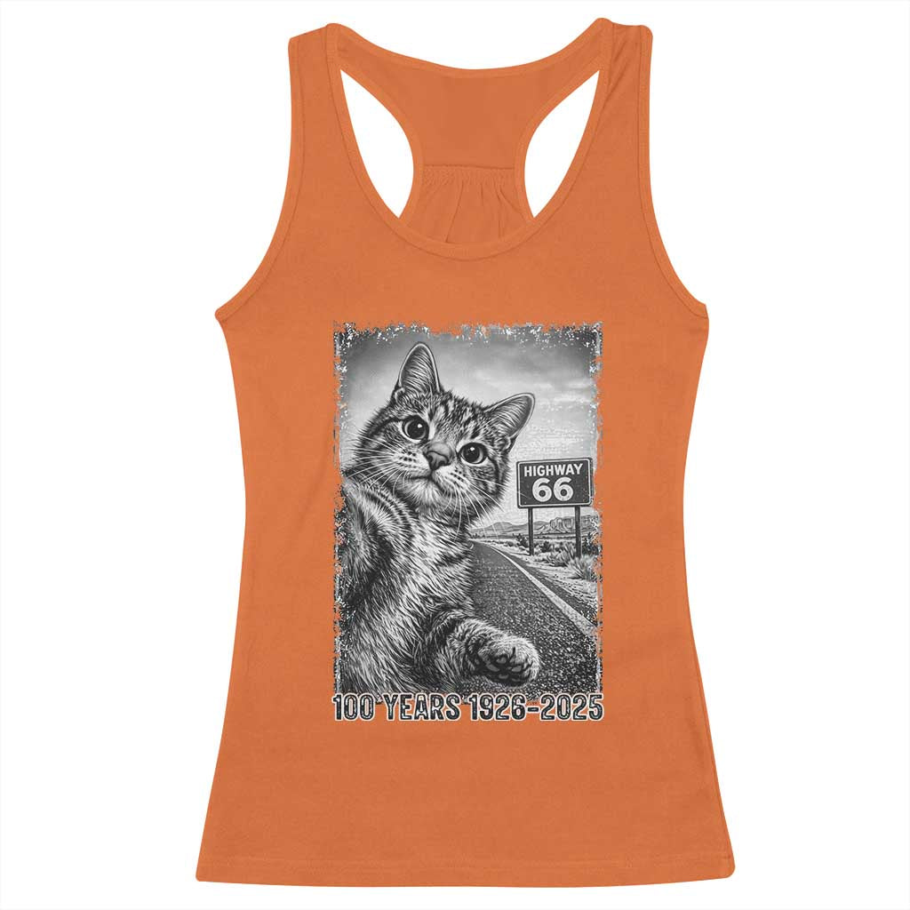 Funny Road Trip Cat Selfie with Highway 66 Racerback Tank Top Centennial 1926-2026 Historic Highway Humor