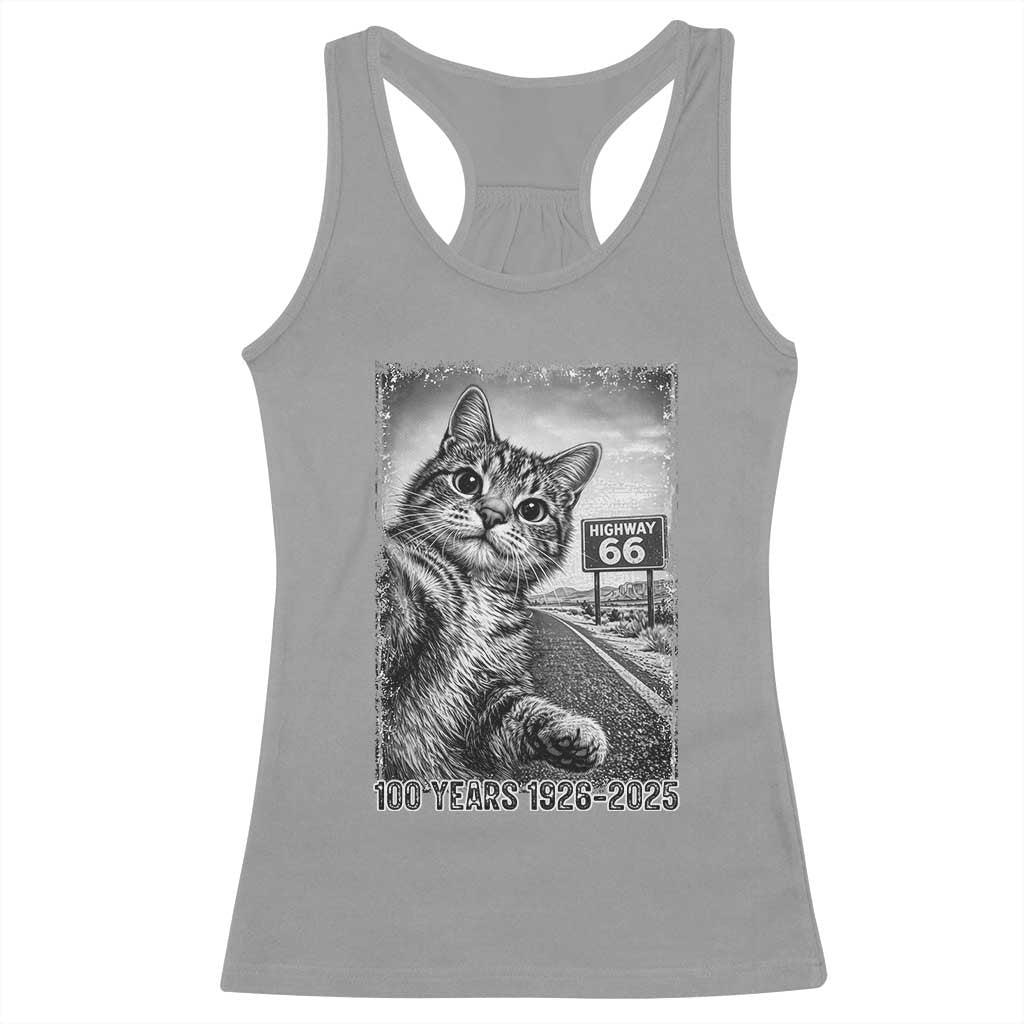 Funny Road Trip Cat Selfie with Highway 66 Racerback Tank Top Centennial 1926-2026 Historic Highway Humor