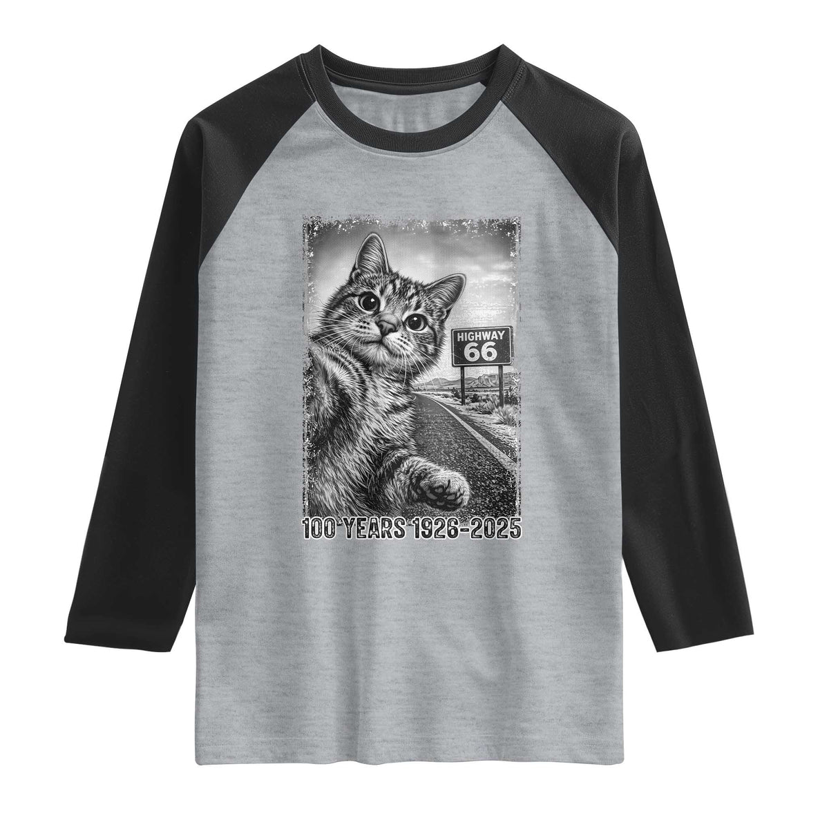 Funny Road Trip Cat Selfie with Highway 66 Raglan Shirt Centennial 1926-2026 Historic Highway Humor