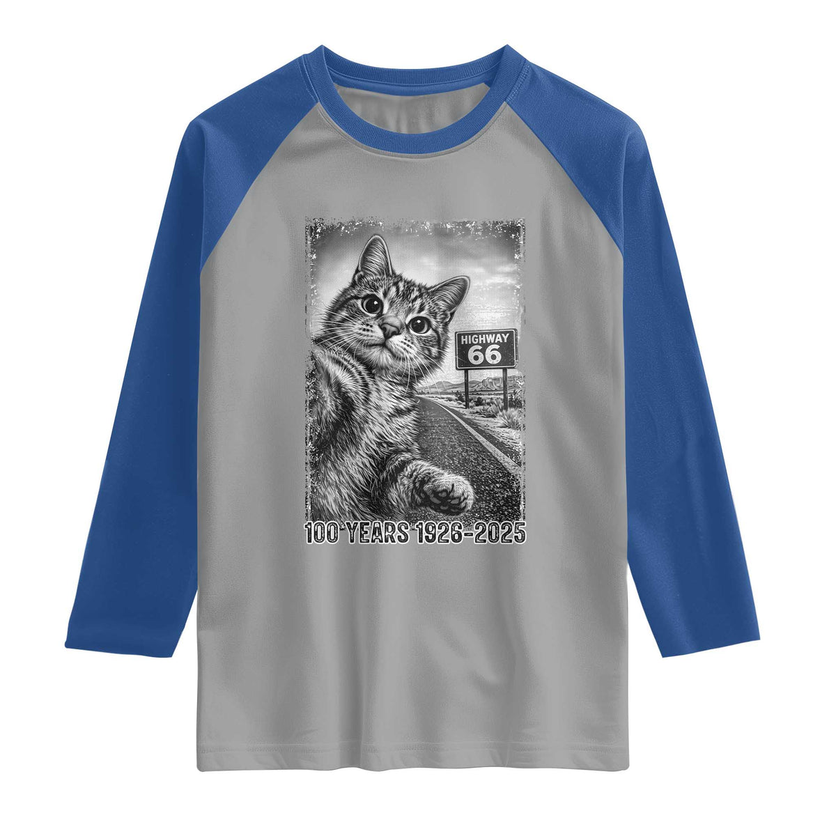 Funny Road Trip Cat Selfie with Highway 66 Raglan Shirt Centennial 1926-2026 Historic Highway Humor