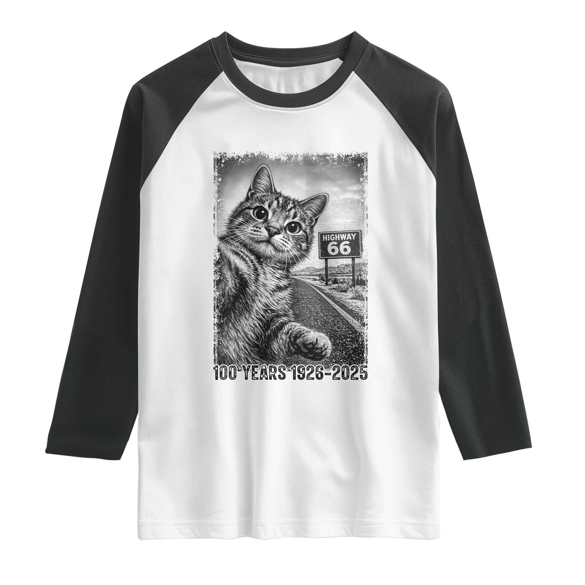 Funny Road Trip Cat Selfie with Highway 66 Raglan Shirt Centennial 1926-2026 Historic Highway Humor