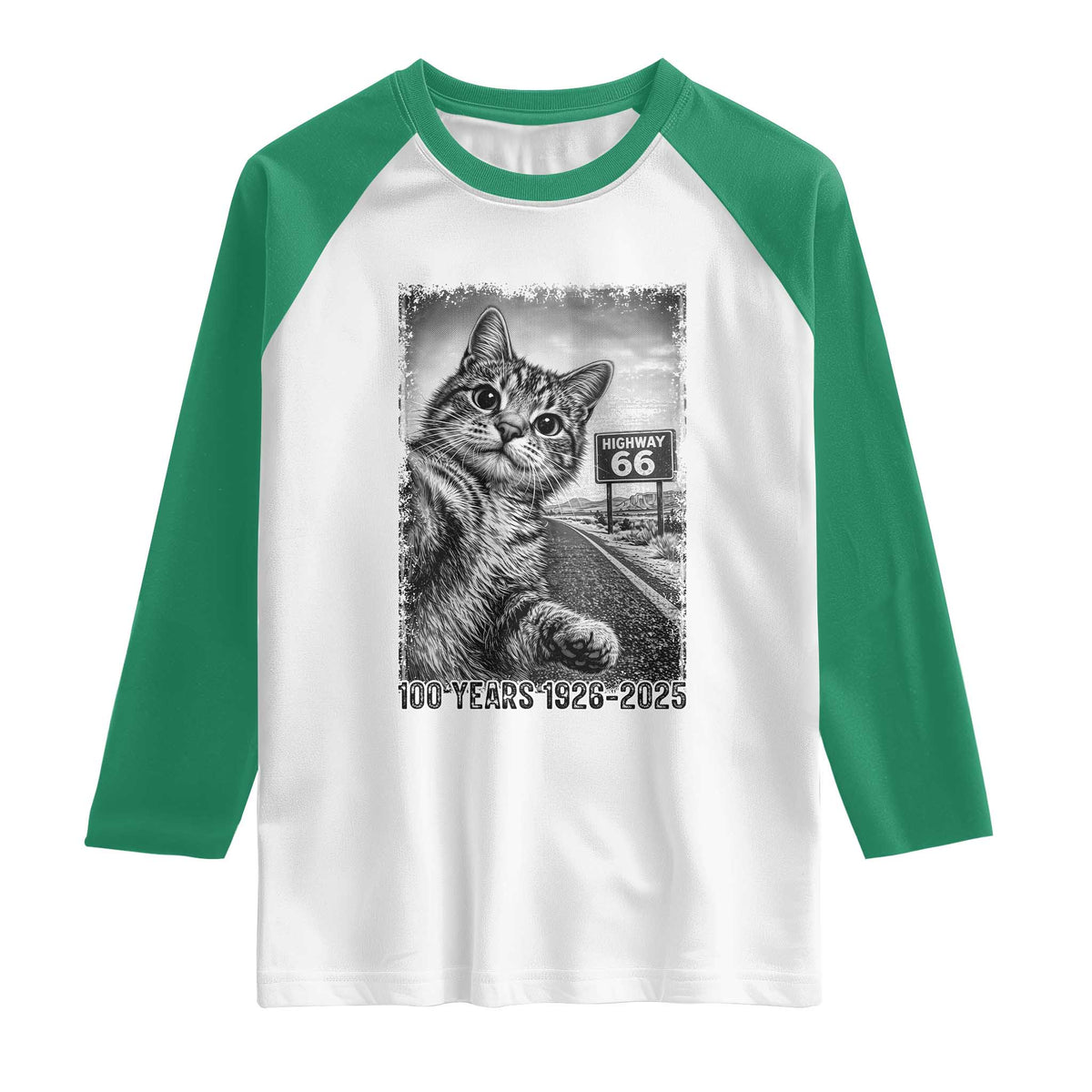 Funny Road Trip Cat Selfie with Highway 66 Raglan Shirt Centennial 1926-2026 Historic Highway Humor