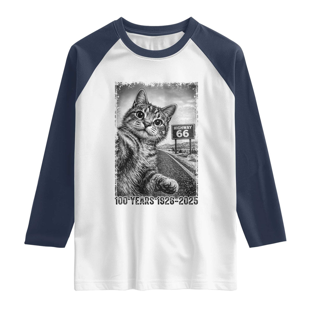 Funny Road Trip Cat Selfie with Highway 66 Raglan Shirt Centennial 1926-2026 Historic Highway Humor
