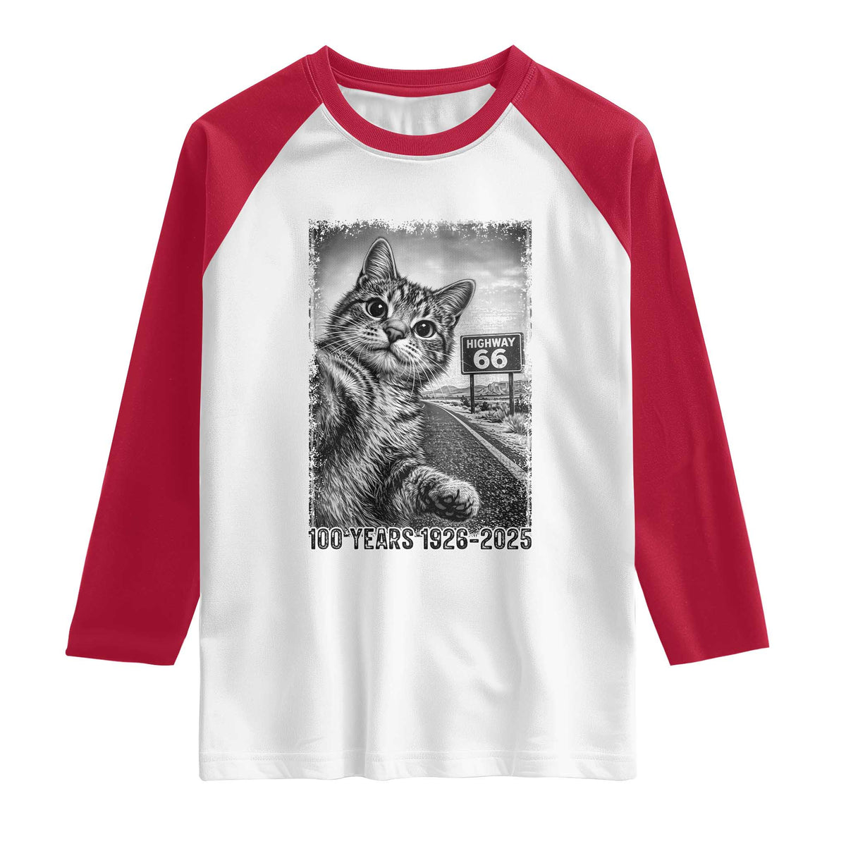 Funny Road Trip Cat Selfie with Highway 66 Raglan Shirt Centennial 1926-2026 Historic Highway Humor