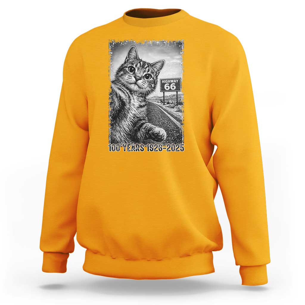 Funny Road Trip Cat Selfie with Highway 66 Sweatshirt Centennial 1926-2026 Historic Highway Humor