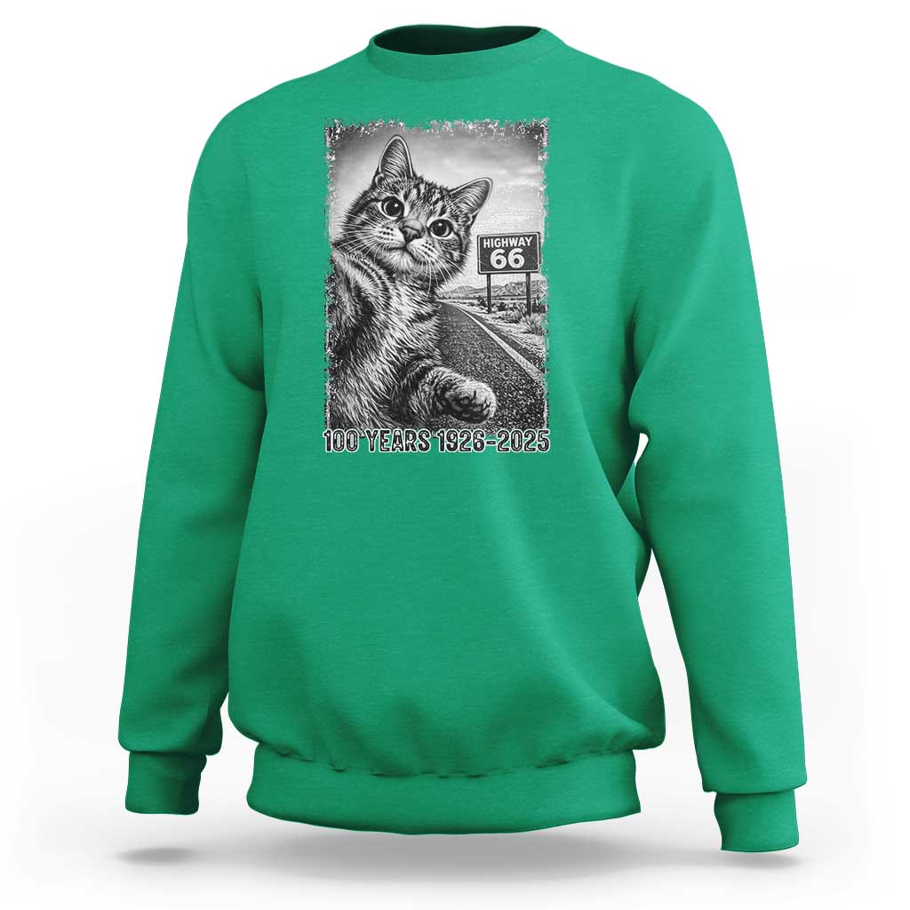 Funny Road Trip Cat Selfie with Highway 66 Sweatshirt Centennial 1926-2026 Historic Highway Humor