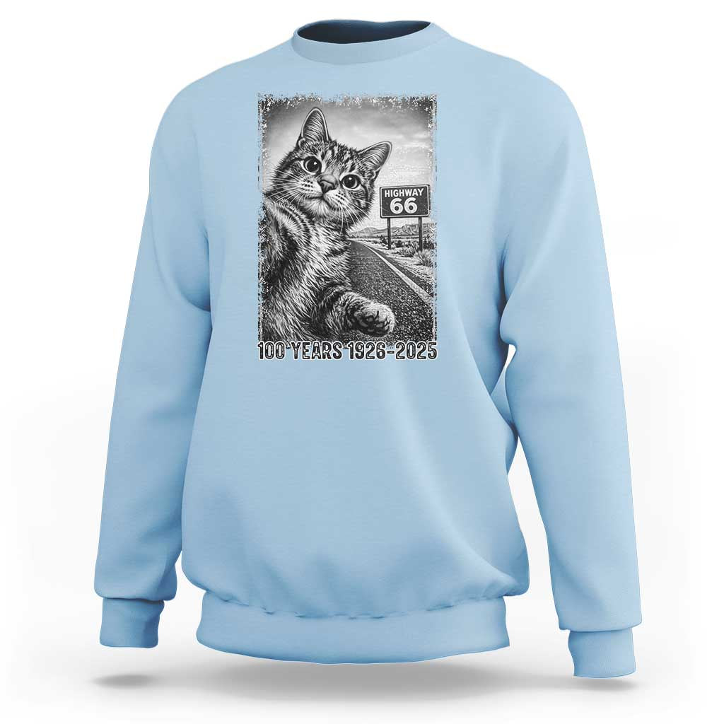 Funny Road Trip Cat Selfie with Highway 66 Sweatshirt Centennial 1926-2026 Historic Highway Humor