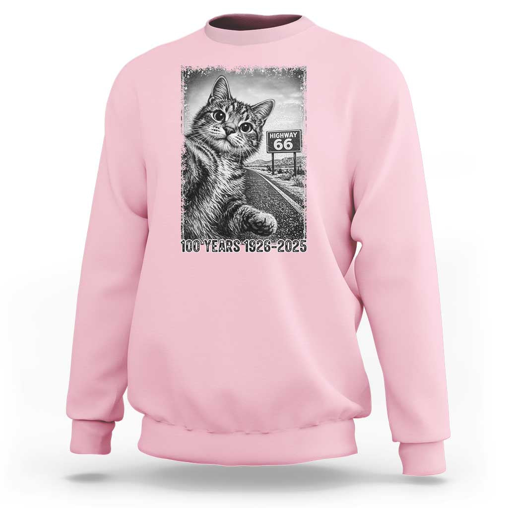 Funny Road Trip Cat Selfie with Highway 66 Sweatshirt Centennial 1926-2026 Historic Highway Humor