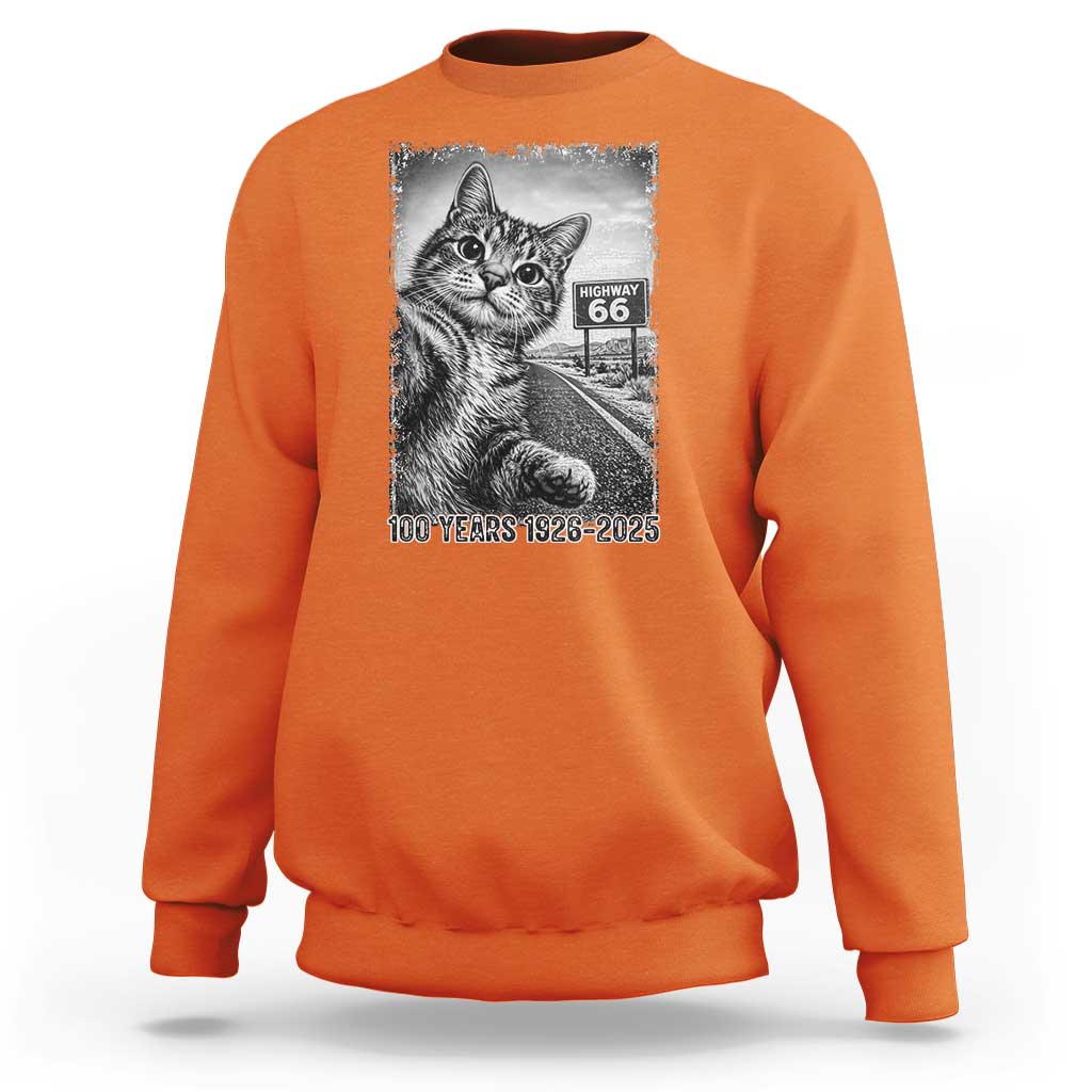 Funny Road Trip Cat Selfie with Highway 66 Sweatshirt Centennial 1926-2026 Historic Highway Humor
