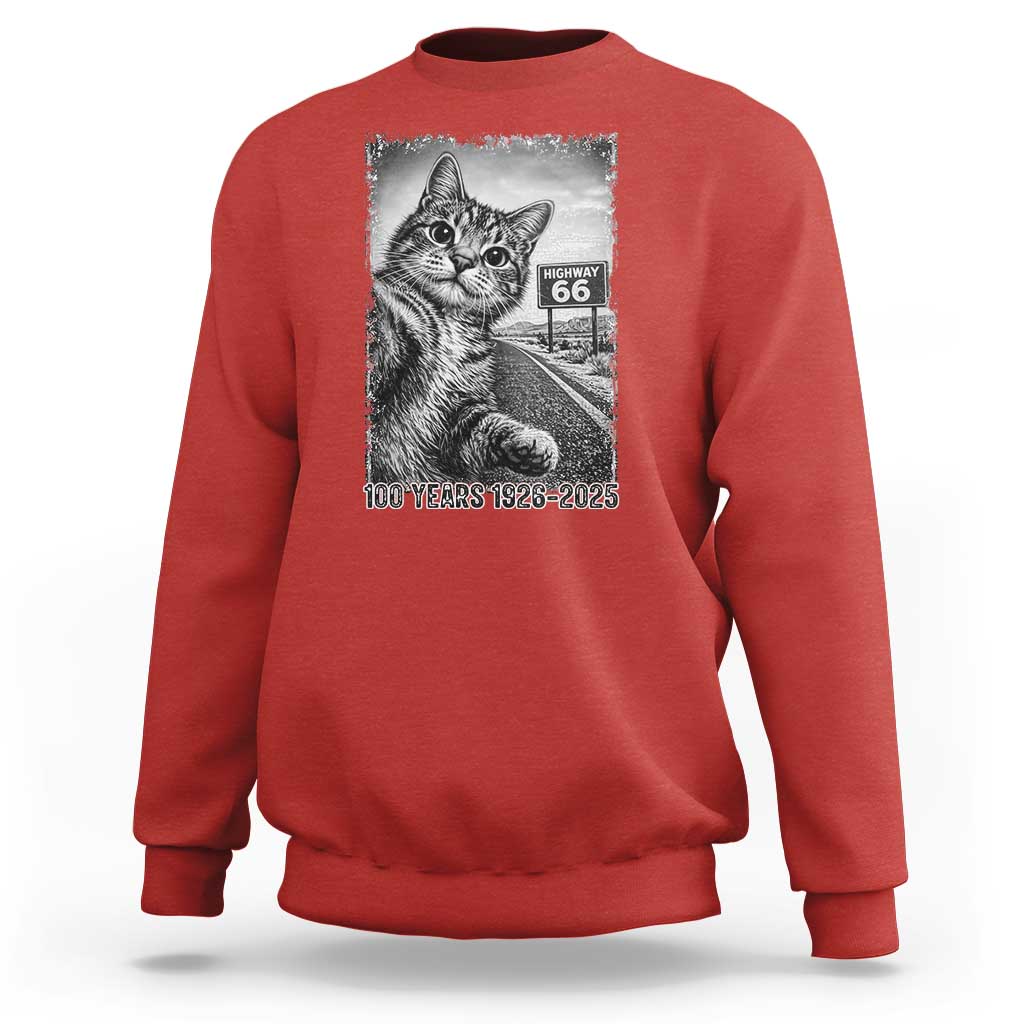 Funny Road Trip Cat Selfie with Highway 66 Sweatshirt Centennial 1926-2026 Historic Highway Humor