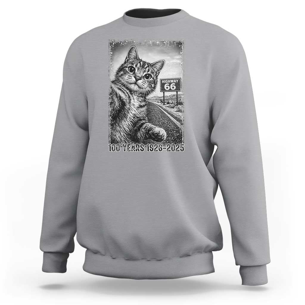 Funny Road Trip Cat Selfie with Highway 66 Sweatshirt Centennial 1926-2026 Historic Highway Humor