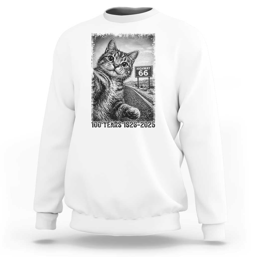 Funny Road Trip Cat Selfie with Highway 66 Sweatshirt Centennial 1926-2026 Historic Highway Humor