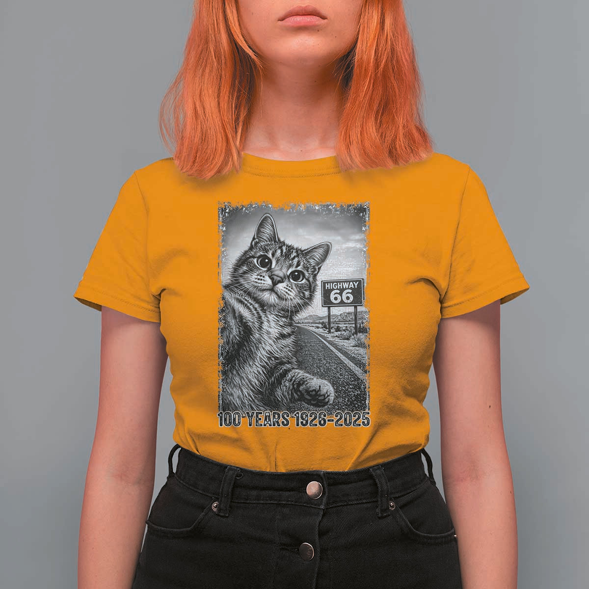 Funny Road Trip Cat Selfie with Highway 66 T Shirt For Women Centennial 1926-2026 Historic Highway Humor