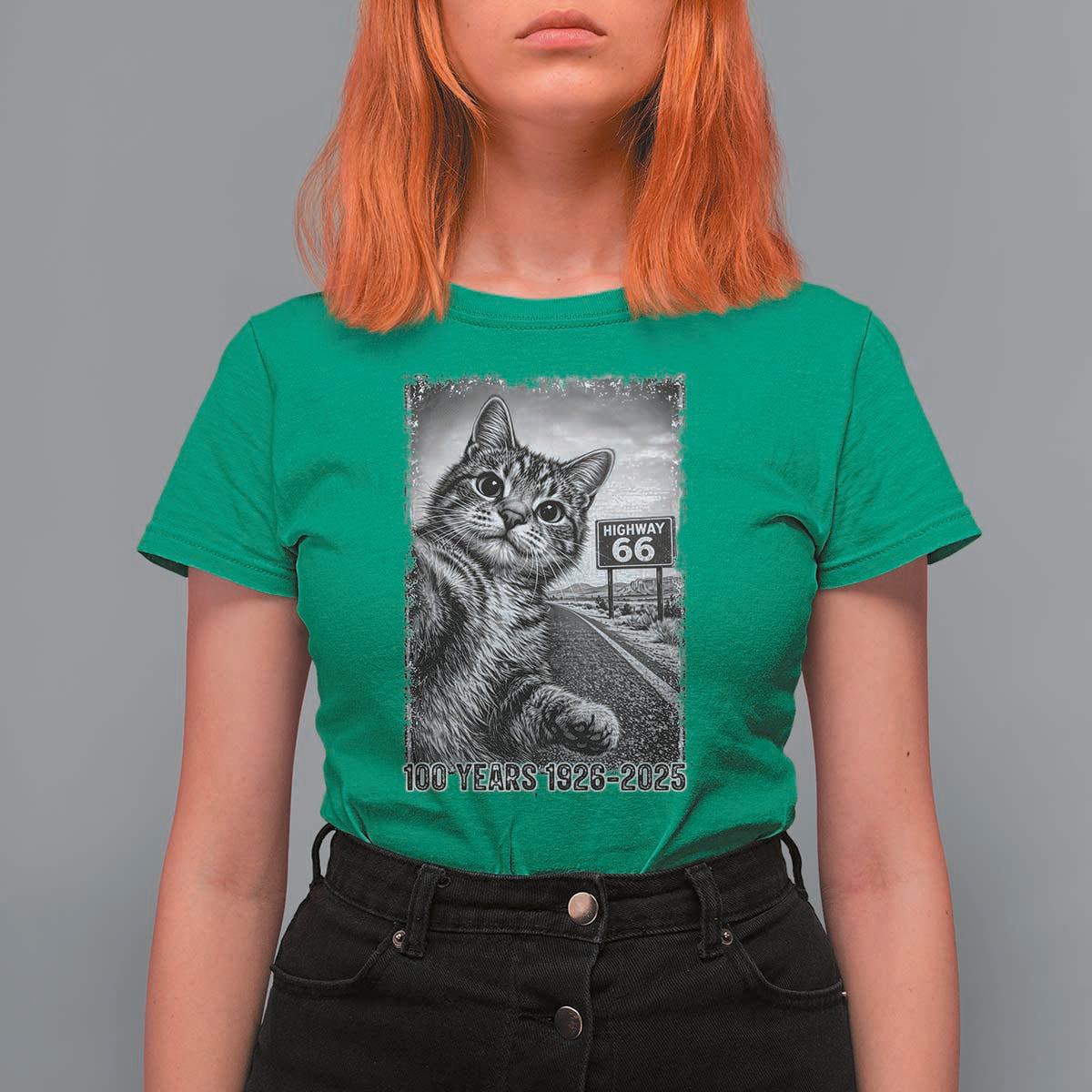Funny Road Trip Cat Selfie with Highway 66 T Shirt For Women Centennial 1926-2026 Historic Highway Humor