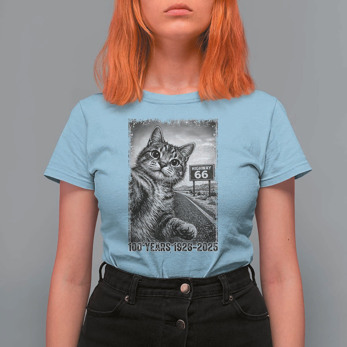 Funny Road Trip Cat Selfie with Highway 66 T Shirt For Women Centennial 1926-2026 Historic Highway Humor