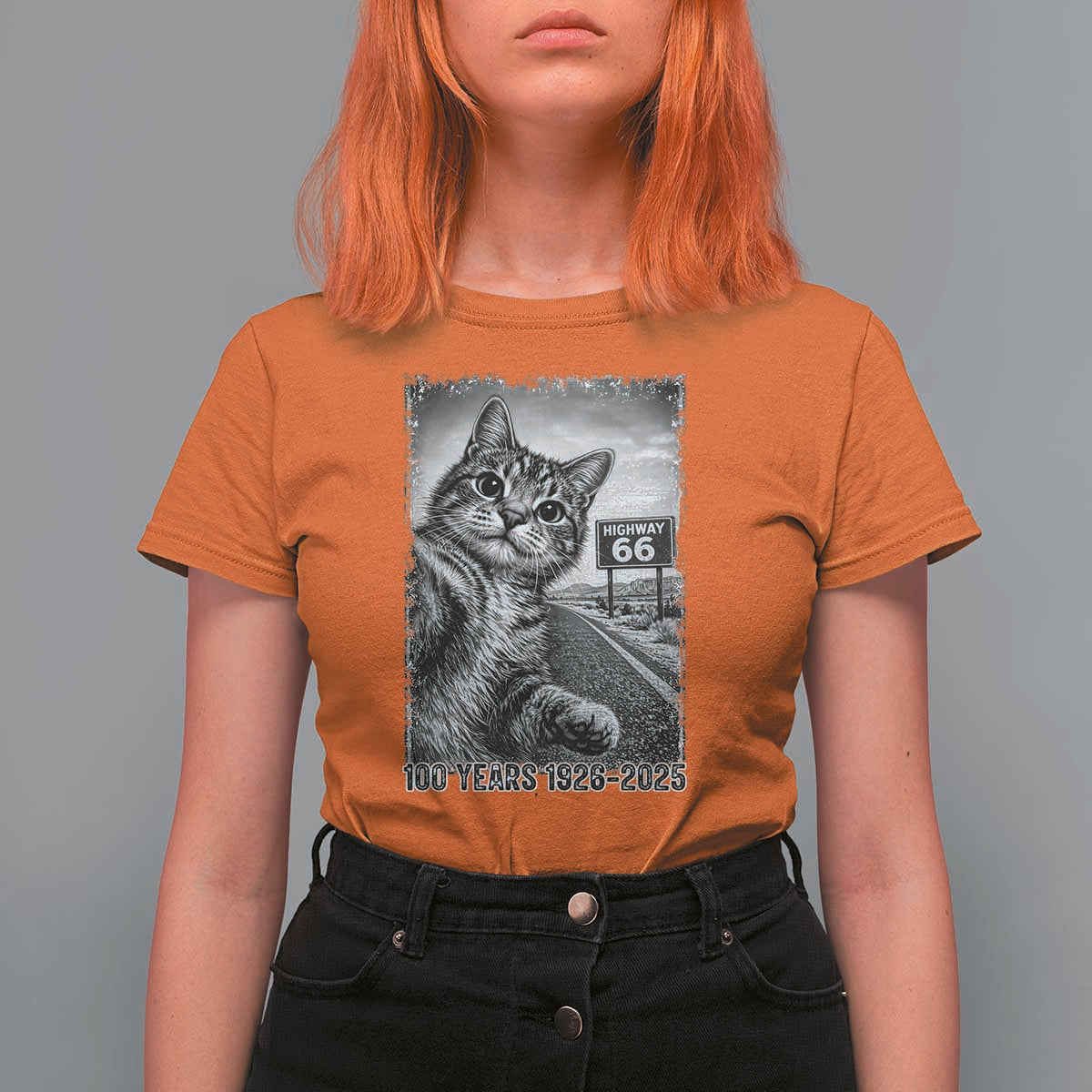 Funny Road Trip Cat Selfie with Highway 66 T Shirt For Women Centennial 1926-2026 Historic Highway Humor