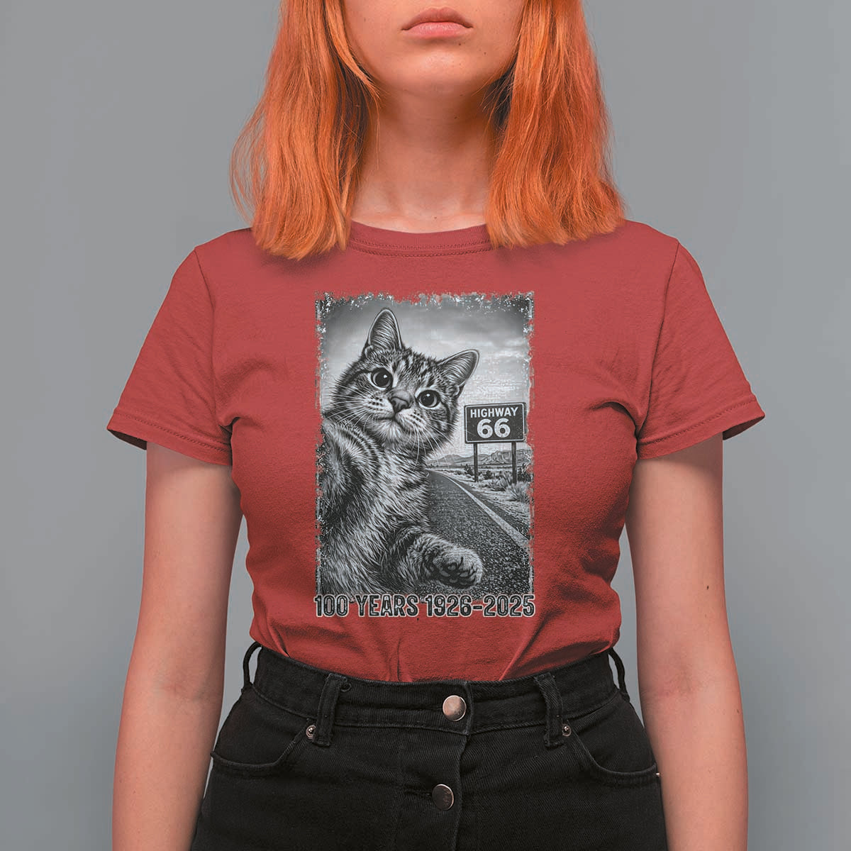 Funny Road Trip Cat Selfie with Highway 66 T Shirt For Women Centennial 1926-2026 Historic Highway Humor
