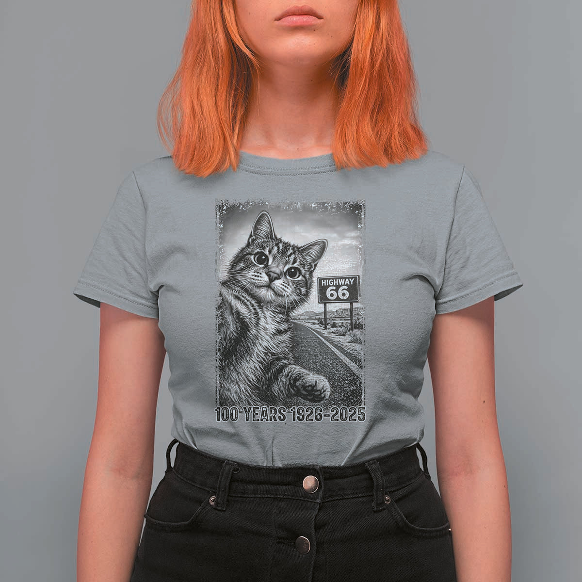 Funny Road Trip Cat Selfie with Highway 66 T Shirt For Women Centennial 1926-2026 Historic Highway Humor