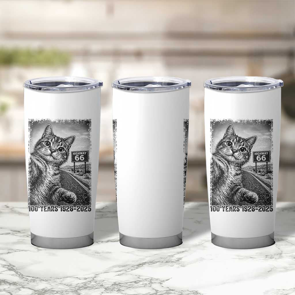Funny Road Trip Cat Selfie with Highway 66 Tumbler Cup Centennial 1926-2026 Historic Highway Humor