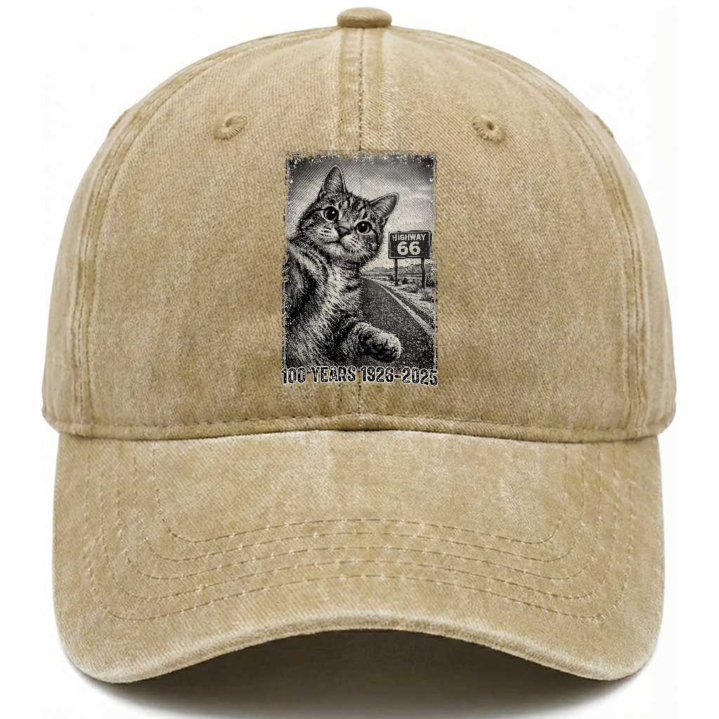 Funny Road Trip Cat Selfie with Highway 66 Washed Cotton Baseball Cap Centennial 1926-2026 Historic Highway Humor