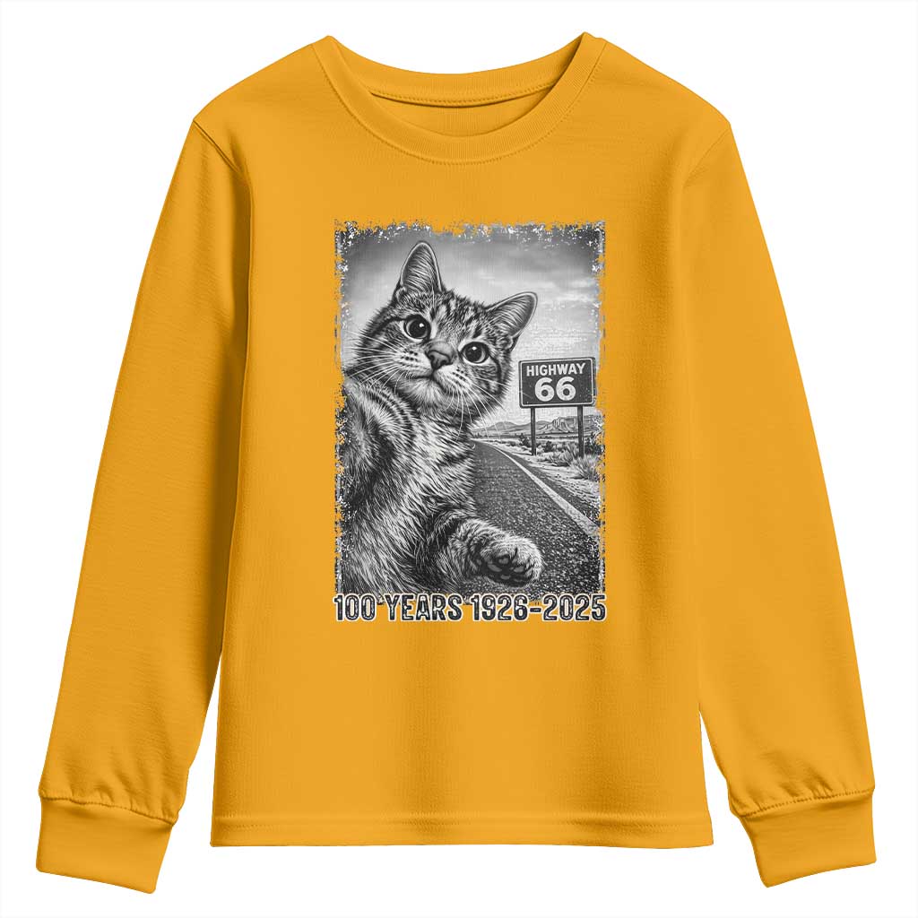 Funny Road Trip Cat Selfie with Highway 66 Youth Sweatshirt Centennial 1926-2026 Historic Highway Humor