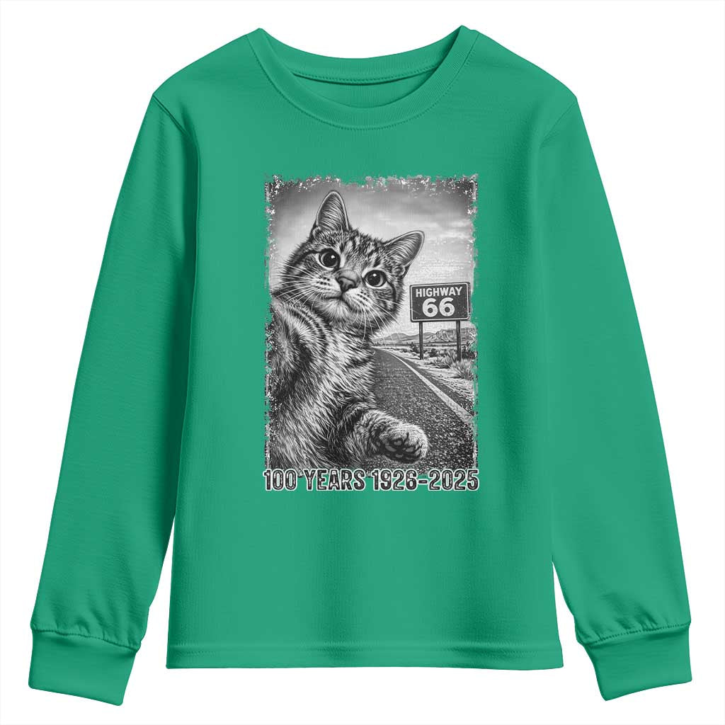 Funny Road Trip Cat Selfie with Highway 66 Youth Sweatshirt Centennial 1926-2026 Historic Highway Humor