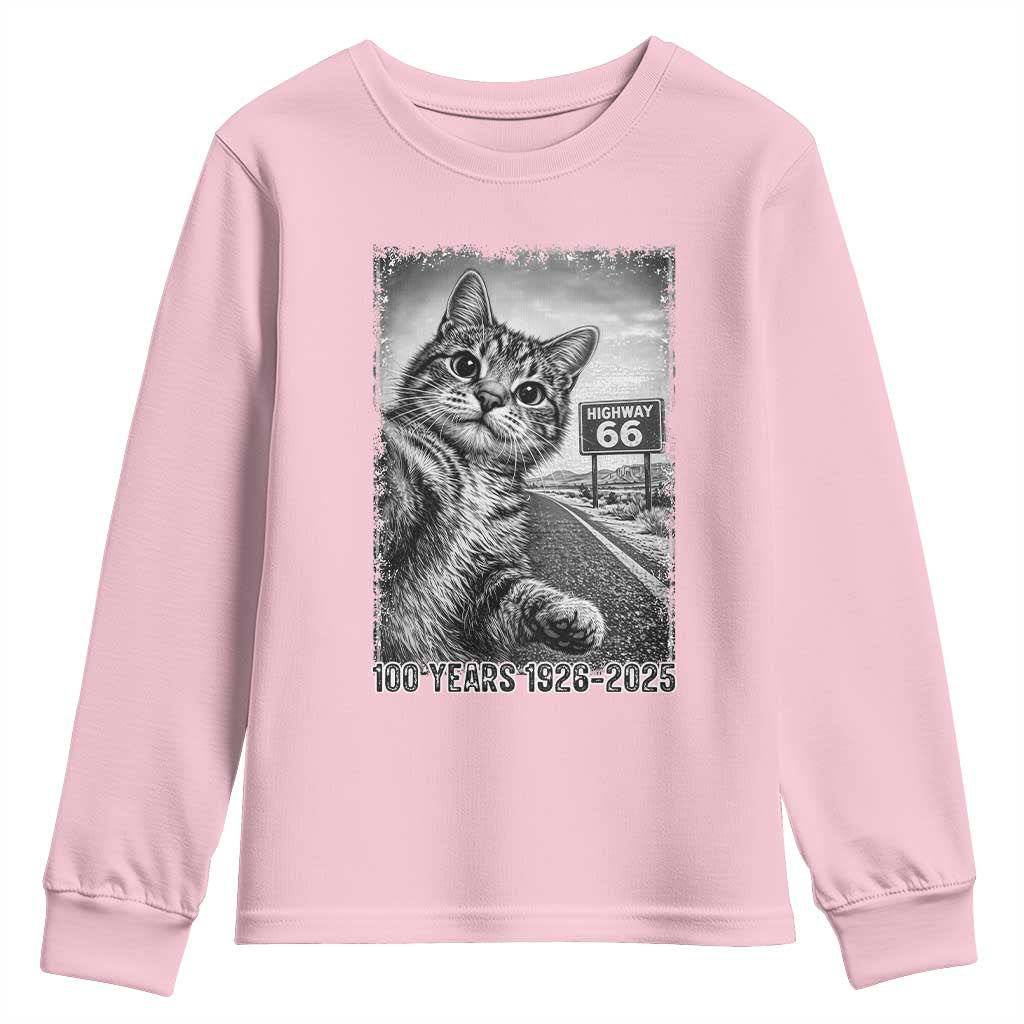 Funny Road Trip Cat Selfie with Highway 66 Youth Sweatshirt Centennial 1926-2026 Historic Highway Humor