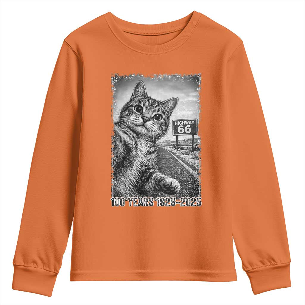 Funny Road Trip Cat Selfie with Highway 66 Youth Sweatshirt Centennial 1926-2026 Historic Highway Humor