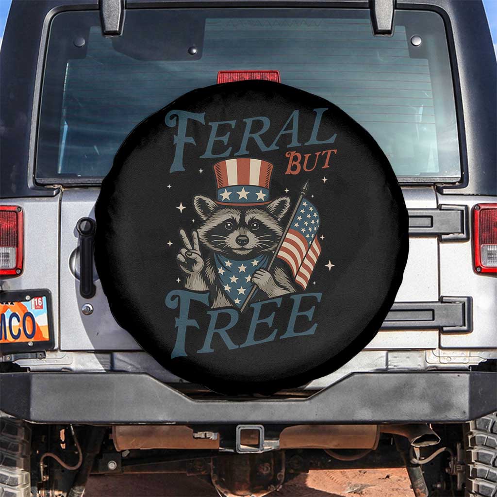 Funny Raccoon Patriotic Spare Tire Cover Feral But Free 4th Of July American Flag