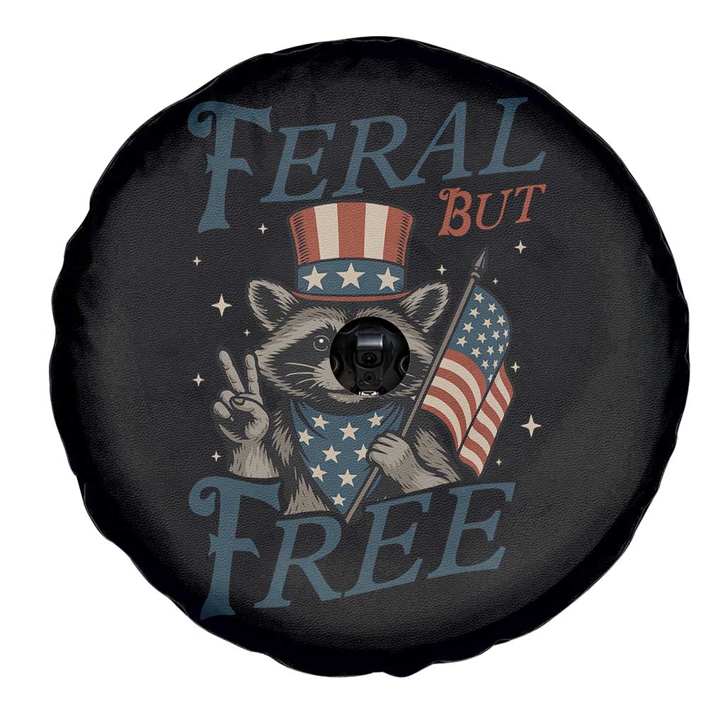 Funny Raccoon Patriotic Spare Tire Cover Feral But Free 4th Of July American Flag