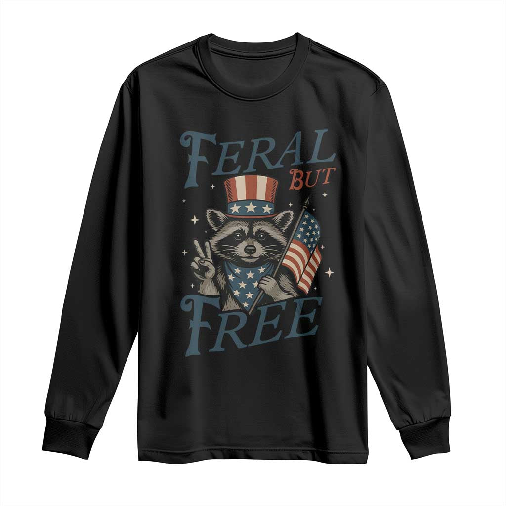 Funny Raccoon Patriotic Long Sleeve Shirt Feral But Free 4th Of July American Flag
