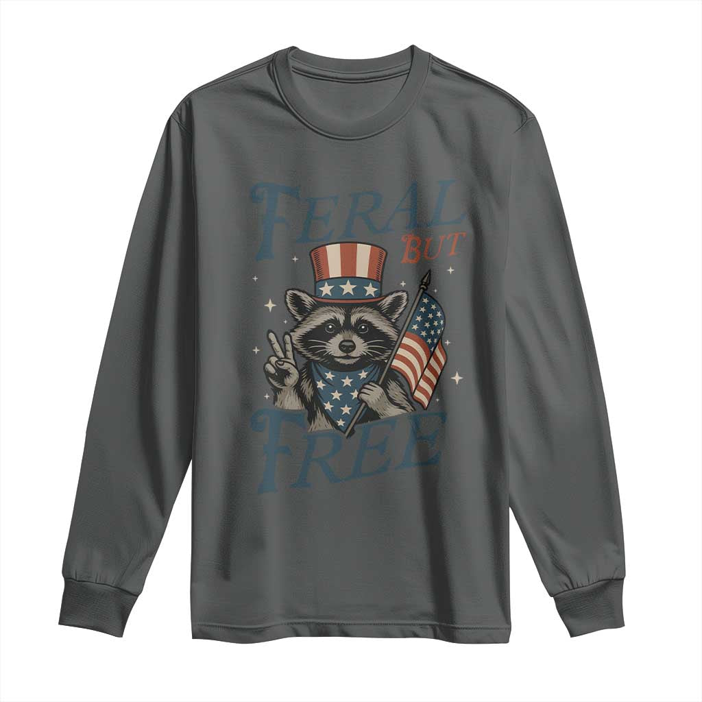 Funny Raccoon Patriotic Long Sleeve Shirt Feral But Free 4th Of July American Flag